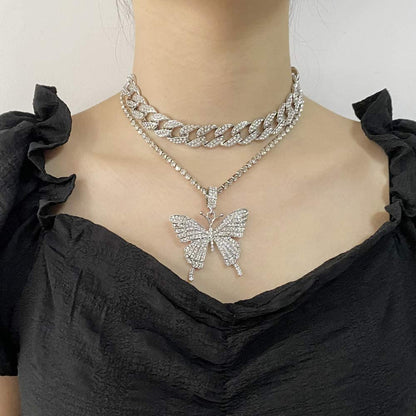 FlutterIce - Iced Out Butterfly Cuban Link Charm Necklace Set